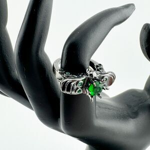 Vintage Emerald Rhinestone Death Moth Statement Ring Gothic Emo Punk Jewelry